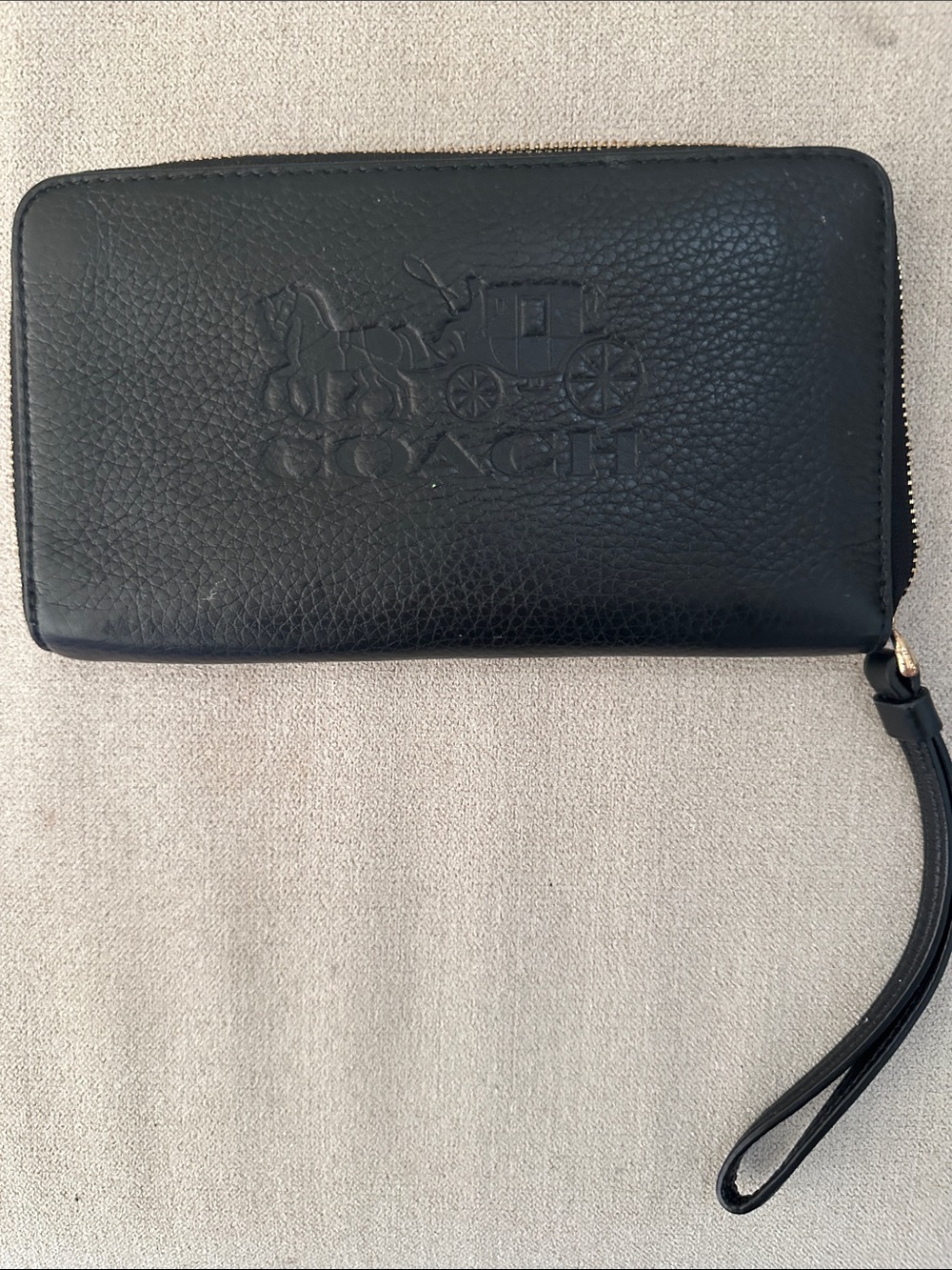 COACH Black Pebbled Leather Zip Wristlet with Carriage Logo
